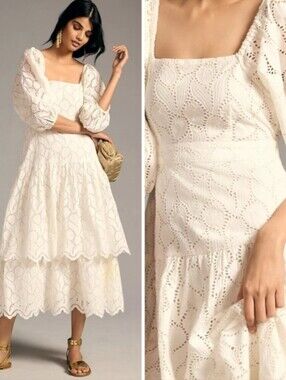 Anthropologie Maeve elegant white tiered eyelet puff sleeve midi dress
